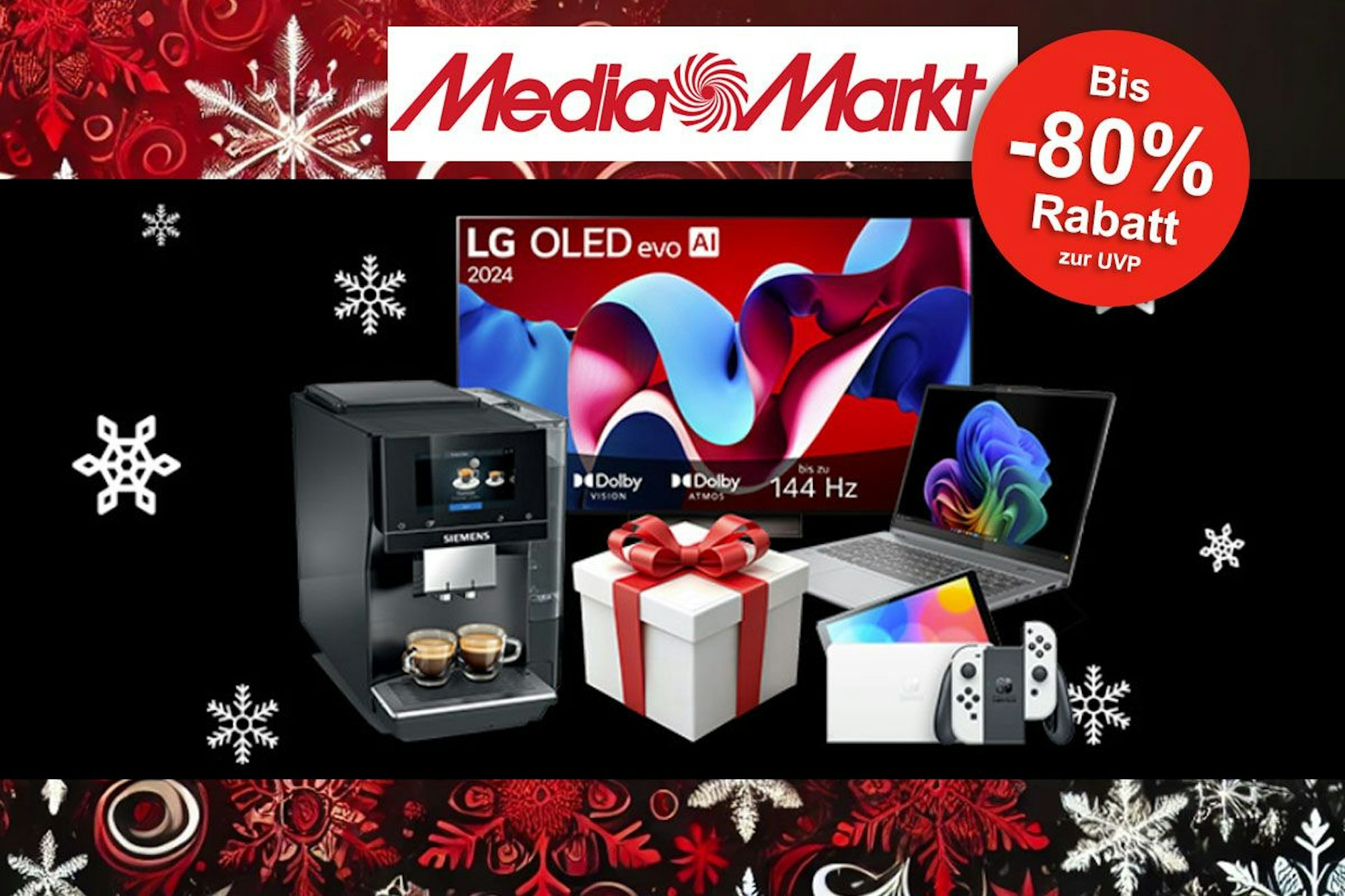 Auf dem Bild ist ein TV, eine Kaffeemaschine und andere Elektronik-Geräte zu sehen, die bei Media Markt verkauft werden.