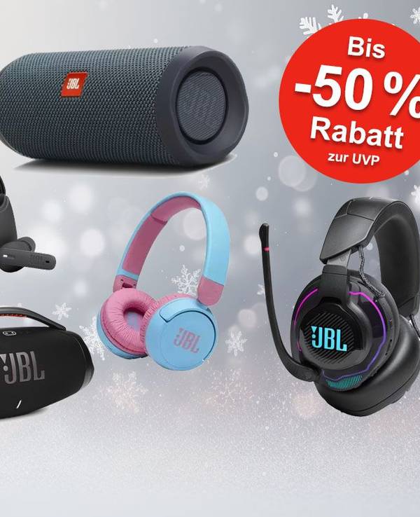JBL Kopfhörer und Lautsprecher sowie OTTO-Logo auf weihnachtlichem, grauen Hintergrund mit Schneeflocken.
