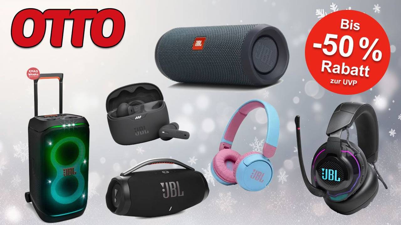 JBL Kopfhörer und Lautsprecher sowie OTTO-Logo auf weihnachtlichem, grauen Hintergrund mit Schneeflocken.
