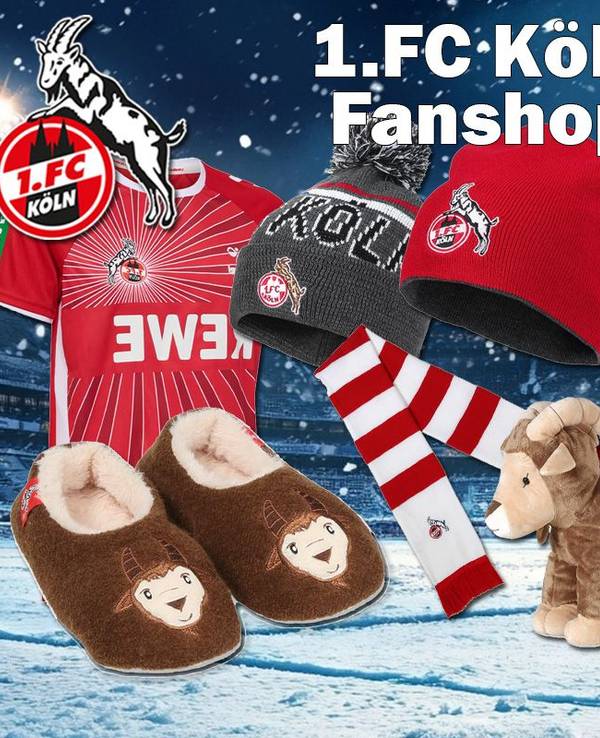 Verschiedene Produktbilder von FC Fan Artikeln, wie Trikots, Mützen, Schals und Kuscheltier Hennes vor einem verschneiten Stadion Hintergrund