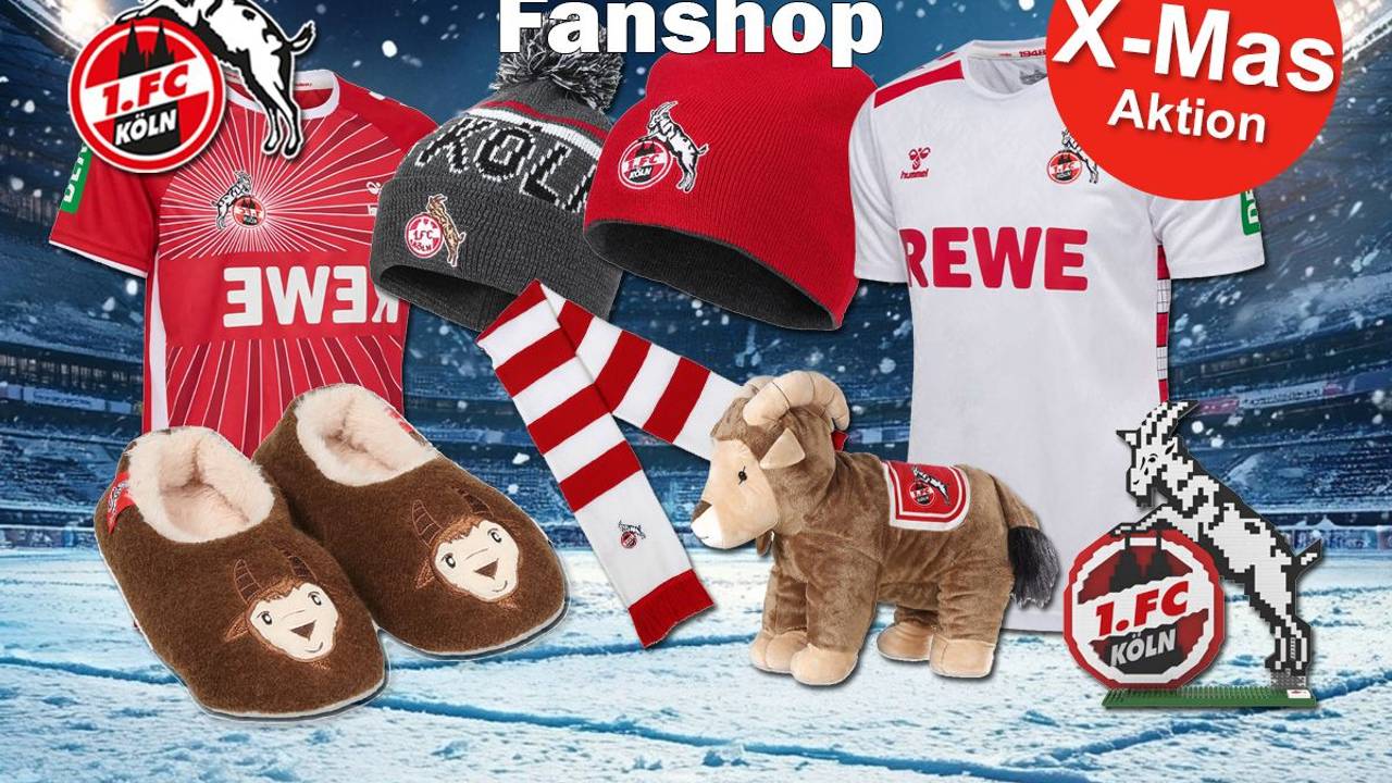 Verschiedene Produktbilder von FC Fan Artikeln, wie Trikots, Mützen, Schals und Kuscheltier Hennes vor einem verschneiten Stadion Hintergrund