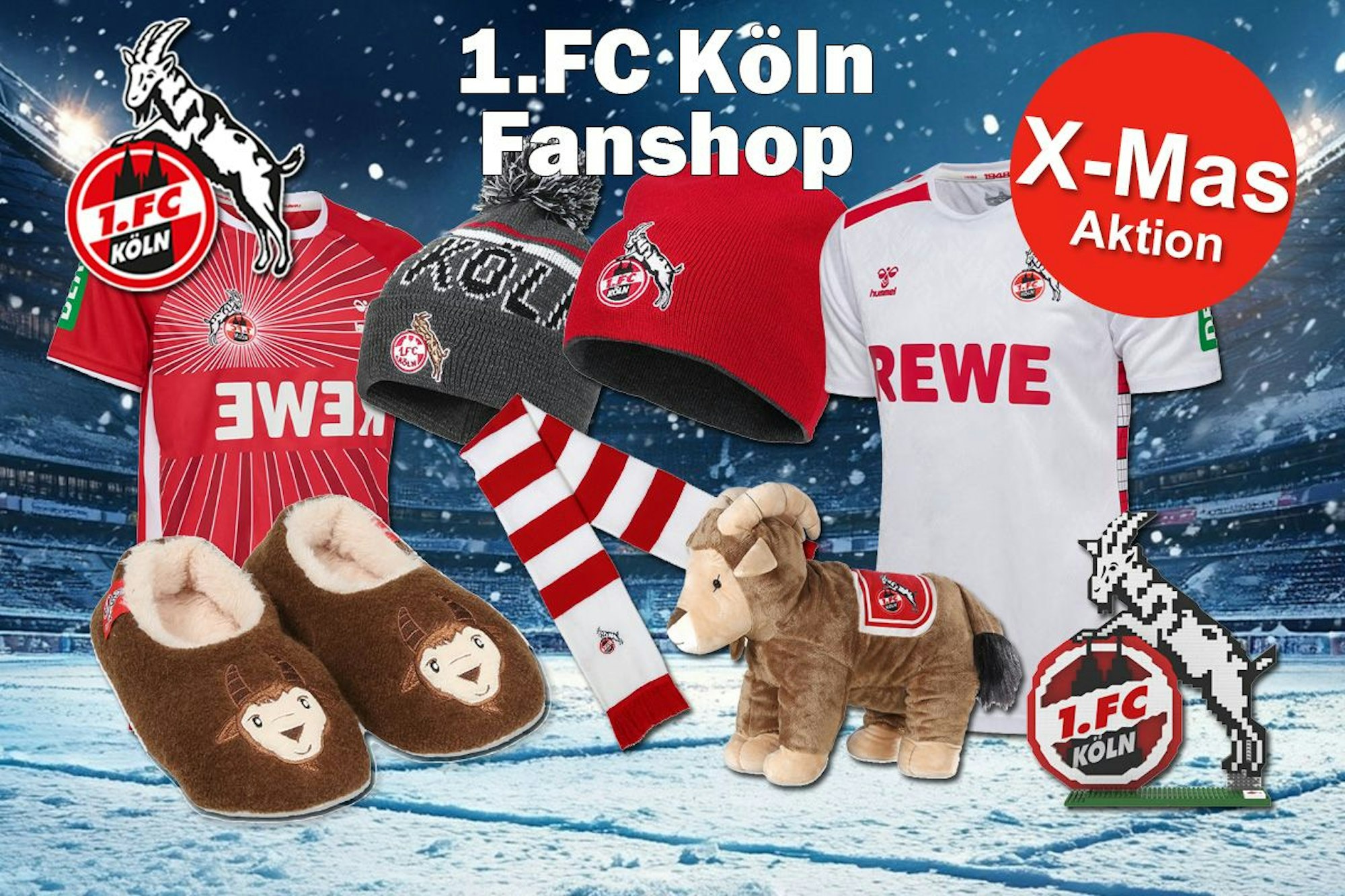Verschiedene Produktbilder von FC Fan Artikeln, wie Trikots, Mützen, Schals und Kuscheltier Hennes vor einem verschneiten Stadion Hintergrund