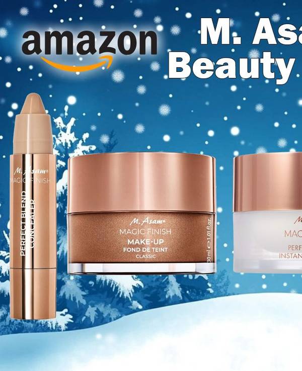 Produktbilder von M. Asam Beauty Concealer, Foundation und Lip Balm vor einem verschneiten Hintergrund