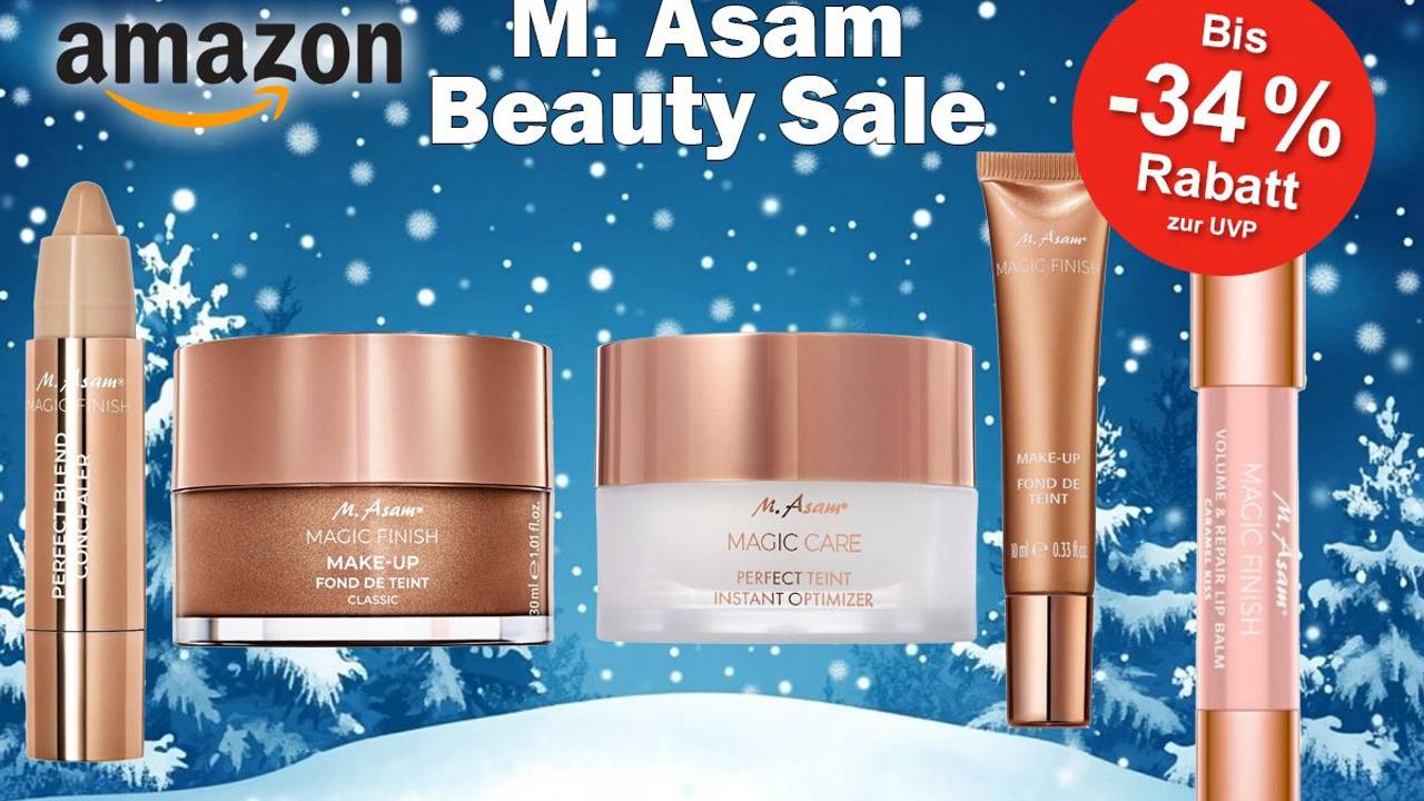 Produktbilder von M. Asam Beauty Concealer, Foundation und Lip Balm vor einem verschneiten Hintergrund