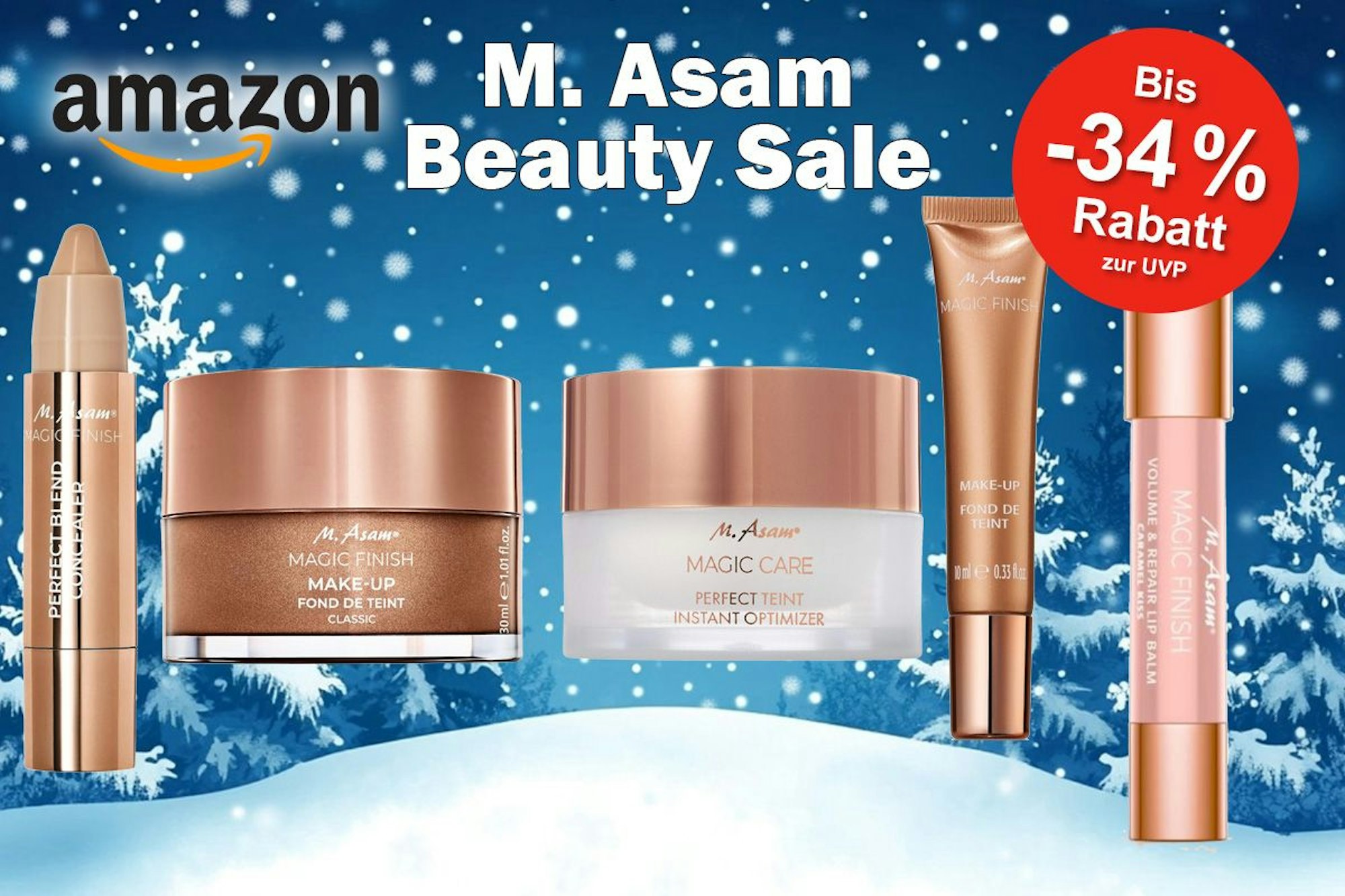 Produktbilder von M. Asam Beauty Concealer, Foundation und Lip Balm vor einem verschneiten Hintergrund