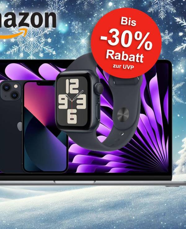 Auf dem Bild sind Apple Produkte vor einer Winterkulisse abgebildet