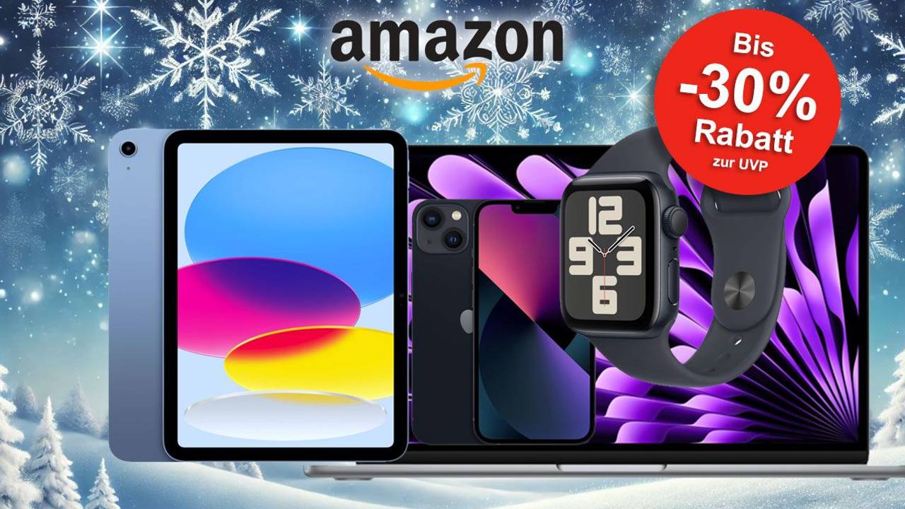 Auf dem Bild sind Apple Produkte vor einer Winterkulisse abgebildet