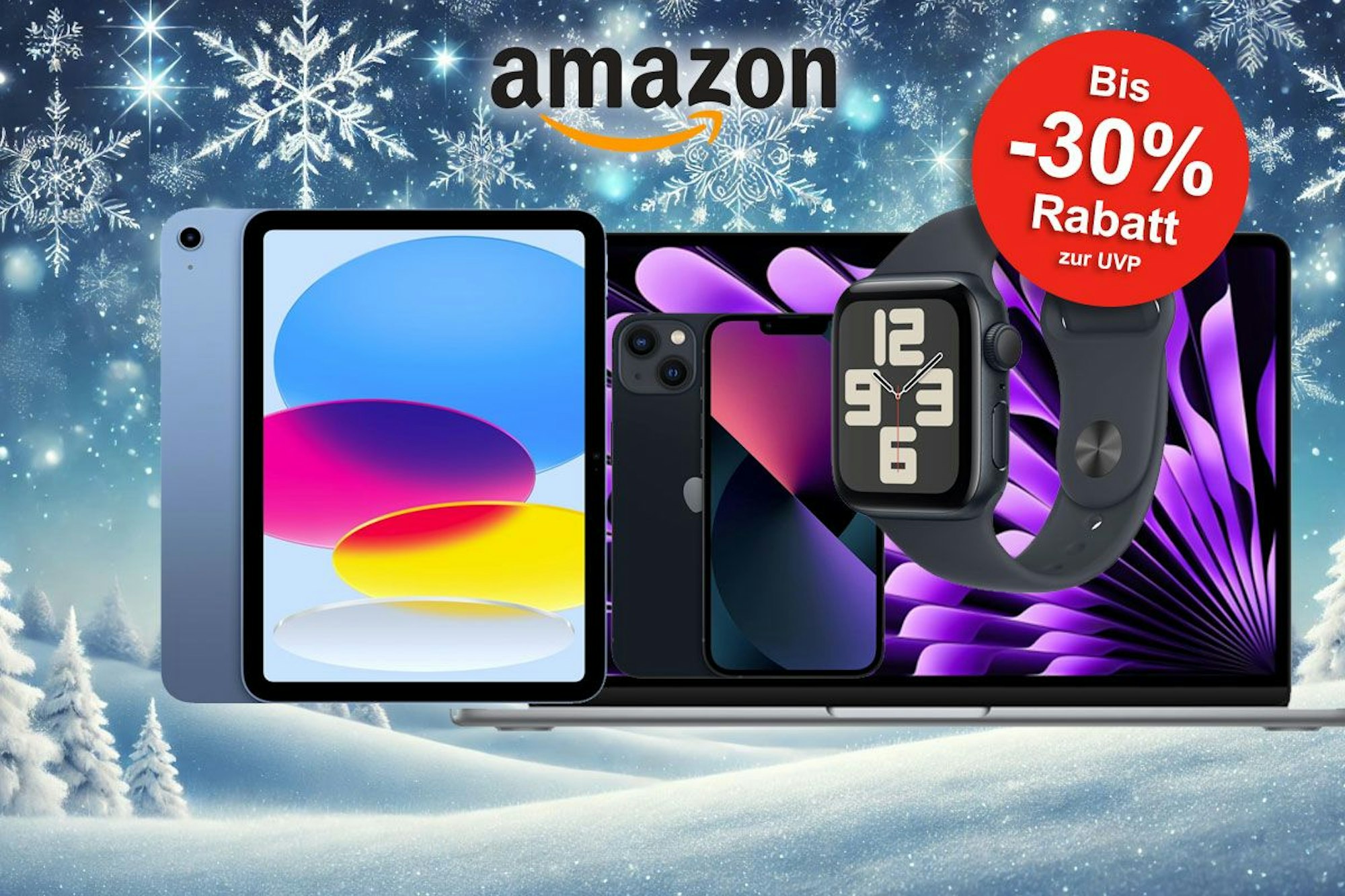 Auf dem Bild sind Apple Produkte vor einer Winterkulisse abgebildet