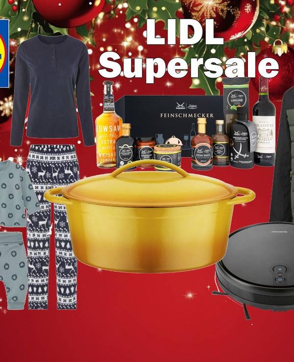 Produktbilder von Pyjamas, Jacken, Töpfe, Staubsauger, Geschenke-Sets vor einem roten festlichen Hintergrund