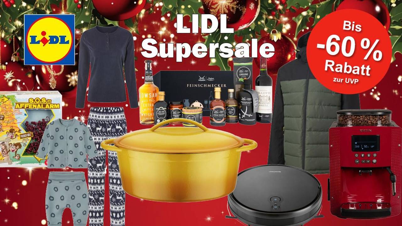 Produktbilder von Pyjamas, Jacken, Töpfe, Staubsauger, Geschenke-Sets vor einem roten festlichen Hintergrund