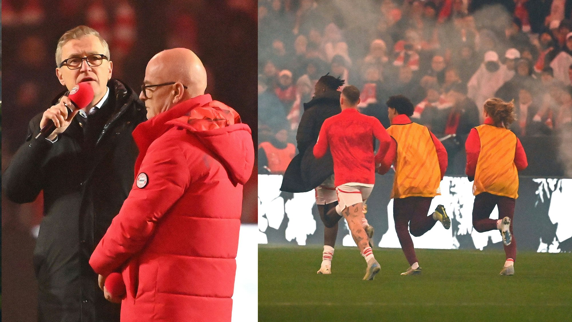 Foto-Montage: Während Jan-Christian Dreesen über den Anschlag in Magdeburg spricht, laufen einige Leipzig-Profis aus.