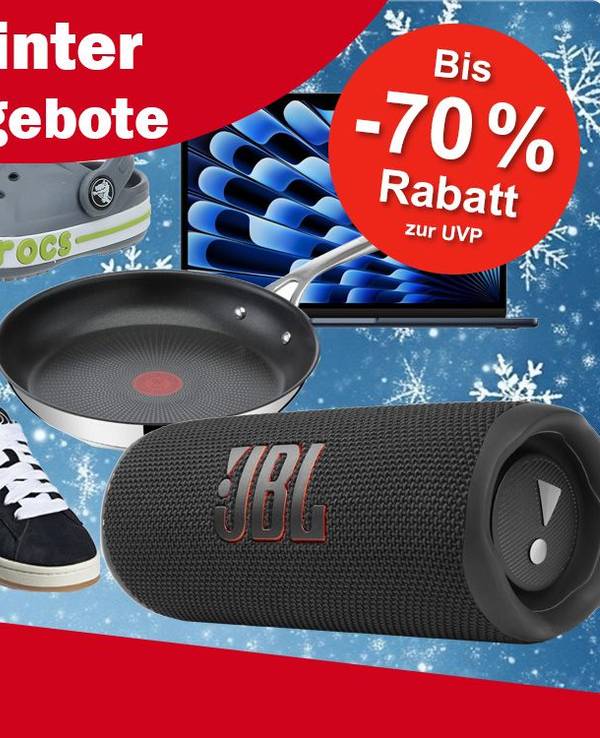 Produktbilder von UGG Boots, JBL Box, adidas Campus Sneaker, Calvin Klein Parfüm, Tefal Pfanne, Apple MacBook, Crocs und eine Tommy Hilfiger Mütze.