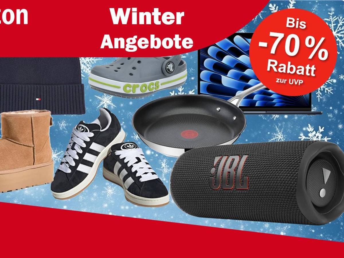 Produktbilder von UGG Boots, JBL Box, adidas Campus Sneaker, Calvin Klein Parfüm, Tefal Pfanne, Apple MacBook, Crocs und eine Tommy Hilfiger Mütze.
