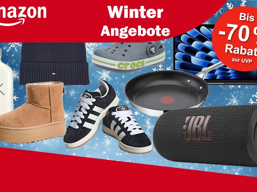 Produktbilder von UGG Boots, JBL Box, adidas Campus Sneaker, Calvin Klein Parfüm, Tefal Pfanne, Apple MacBook, Crocs und eine Tommy Hilfiger Mütze.
