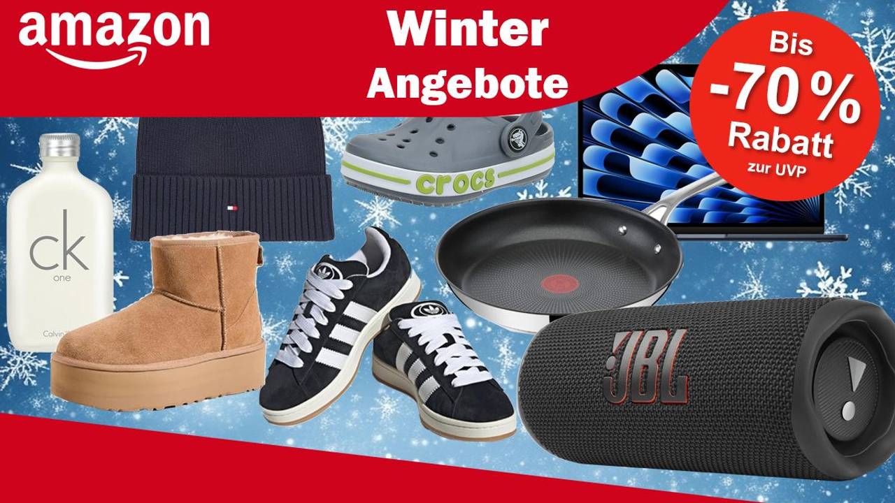 Produktbilder von UGG Boots, JBL Box, adidas Campus Sneaker, Calvin Klein Parfüm, Tefal Pfanne, Apple MacBook, Crocs und eine Tommy Hilfiger Mütze.