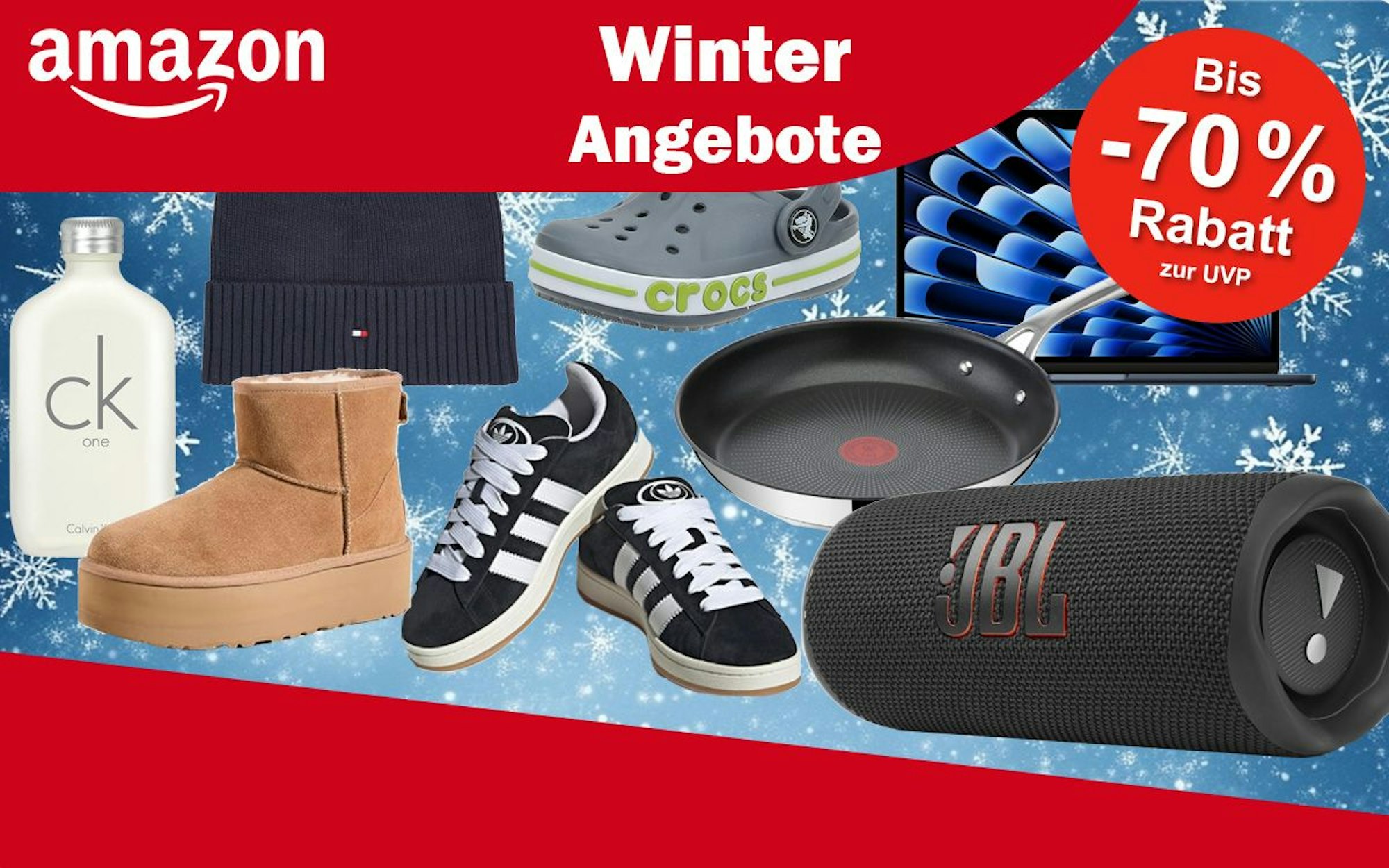 Produktbilder von UGG Boots, JBL Box, adidas Campus Sneaker, Calvin Klein Parfüm, Tefal Pfanne, Apple MacBook, Crocs und eine Tommy Hilfiger Mütze.