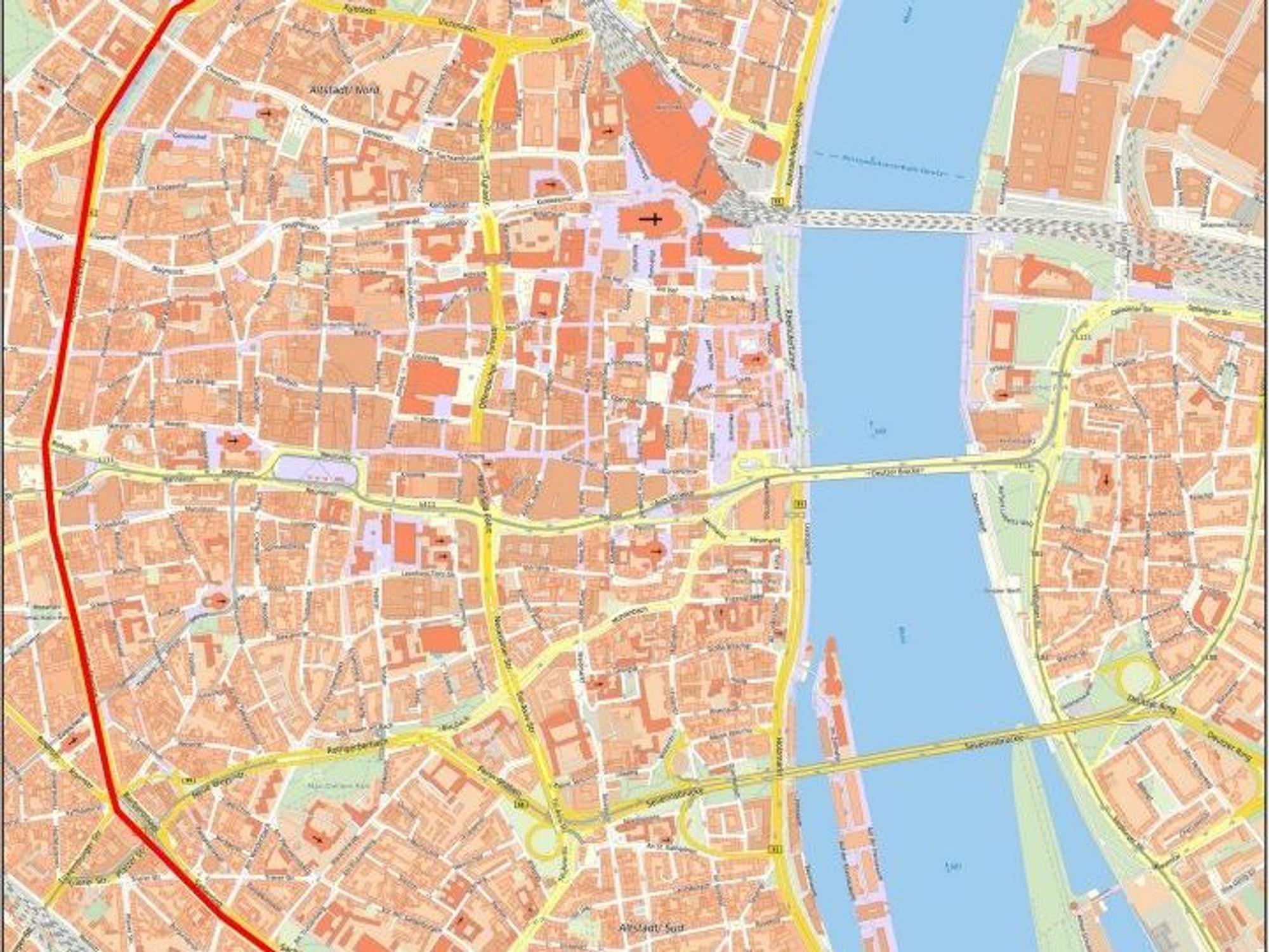 Auf der Stadtkarte von Köln ist eine Zone eingezeichnet.