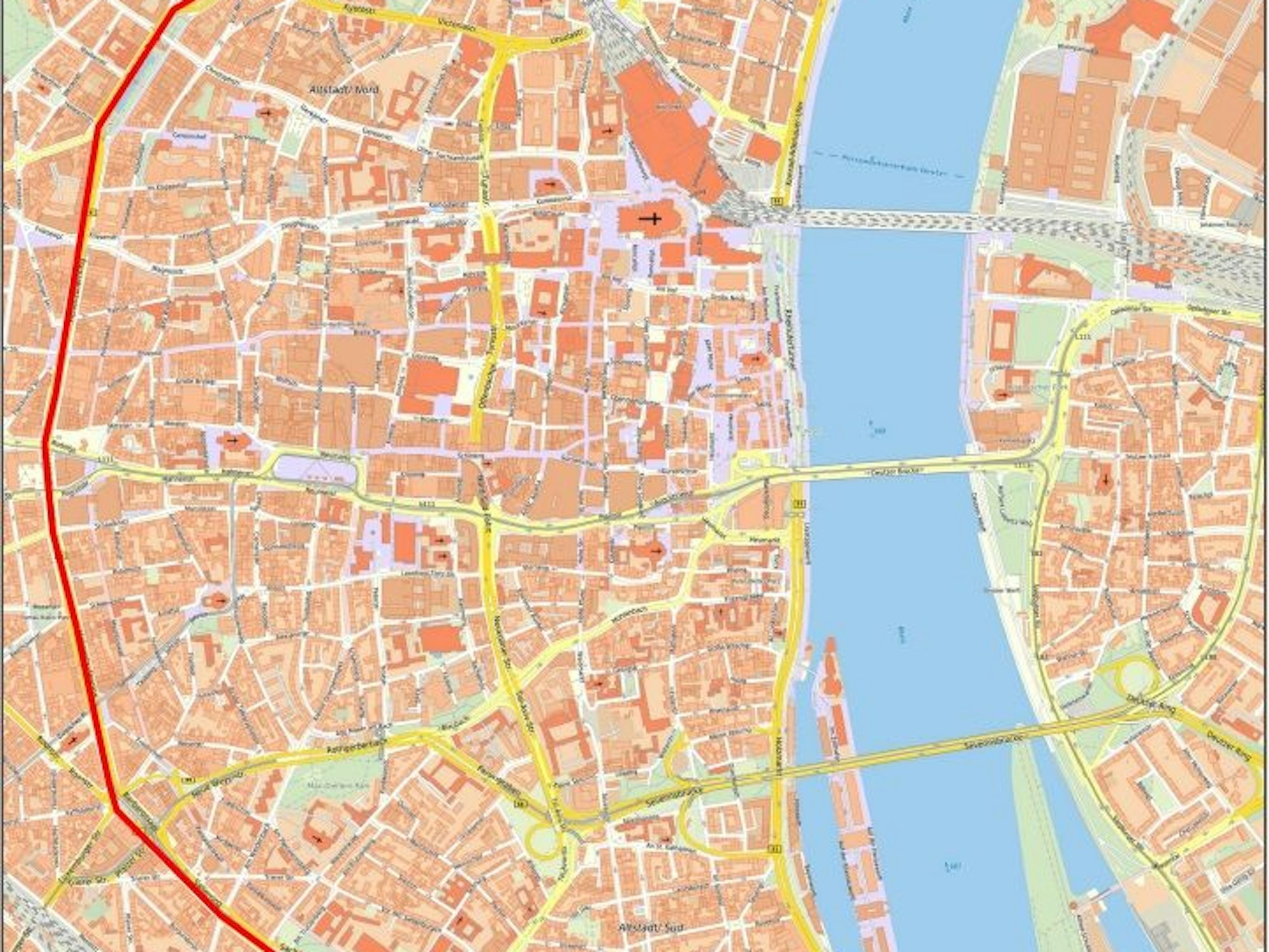 Auf der Stadtkarte von Köln ist eine Zone eingezeichnet.
