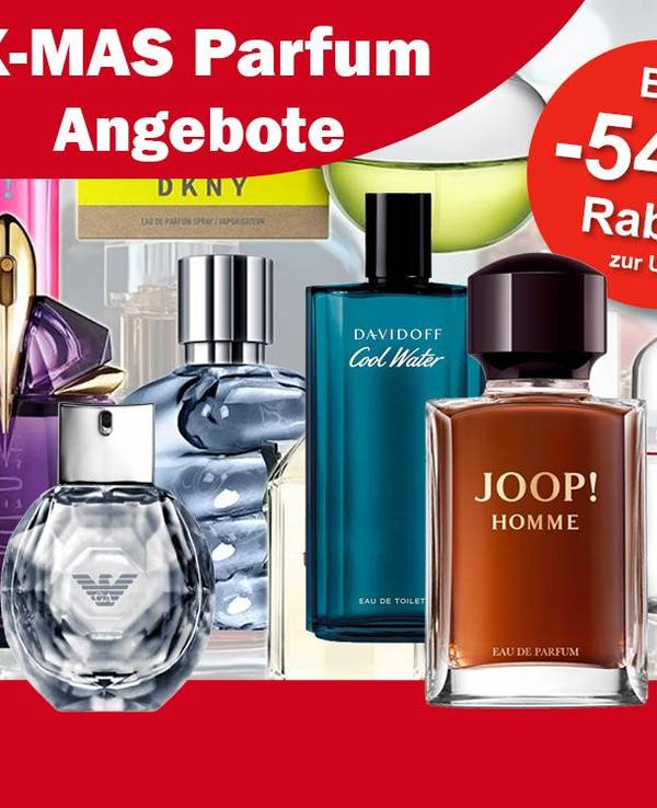 Eine junge Frau mit geschlossenen Augen genießt augenscheinlich einen guten Duft. Dazu Parfum Flakons von Davidoff, Emporio Armani, Mugler, Tommy Hilfiger, DKNY, Calvin Klein und Joop im Winter Sale bei Amazon