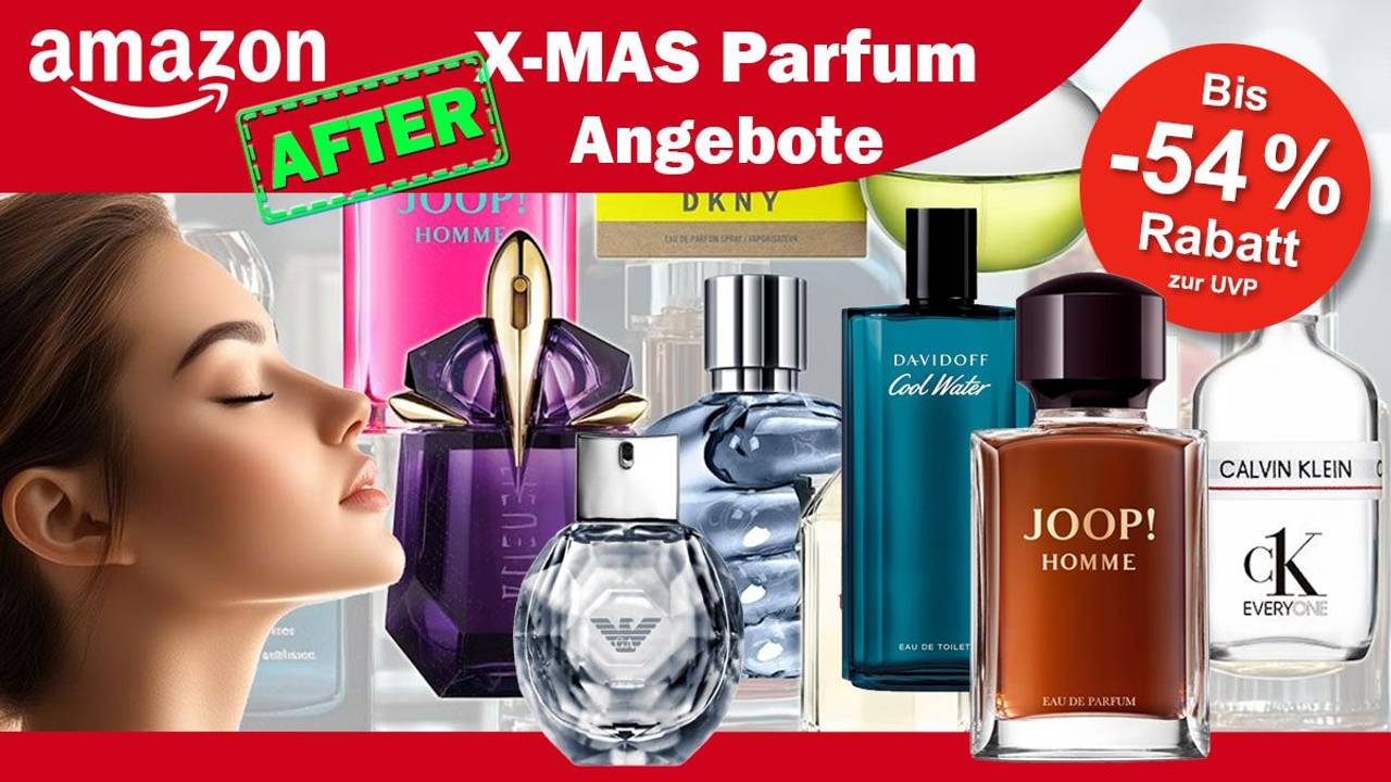 Eine junge Frau mit geschlossenen Augen genießt augenscheinlich einen guten Duft. Dazu Parfum Flakons von Davidoff, Emporio Armani, Mugler, Tommy Hilfiger, DKNY, Calvin Klein und Joop im Winter Sale bei Amazon