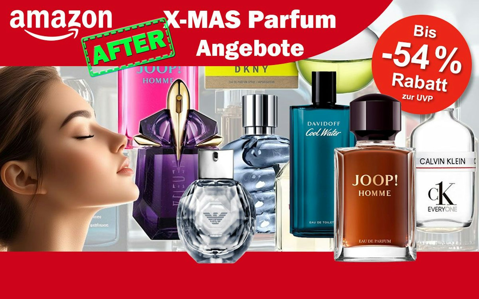 Eine junge Frau mit geschlossenen Augen genießt augenscheinlich einen guten Duft. Dazu Parfum Flakons von Davidoff, Emporio Armani, Mugler, Tommy Hilfiger, DKNY, Calvin Klein und Joop im Winter Sale bei Amazon