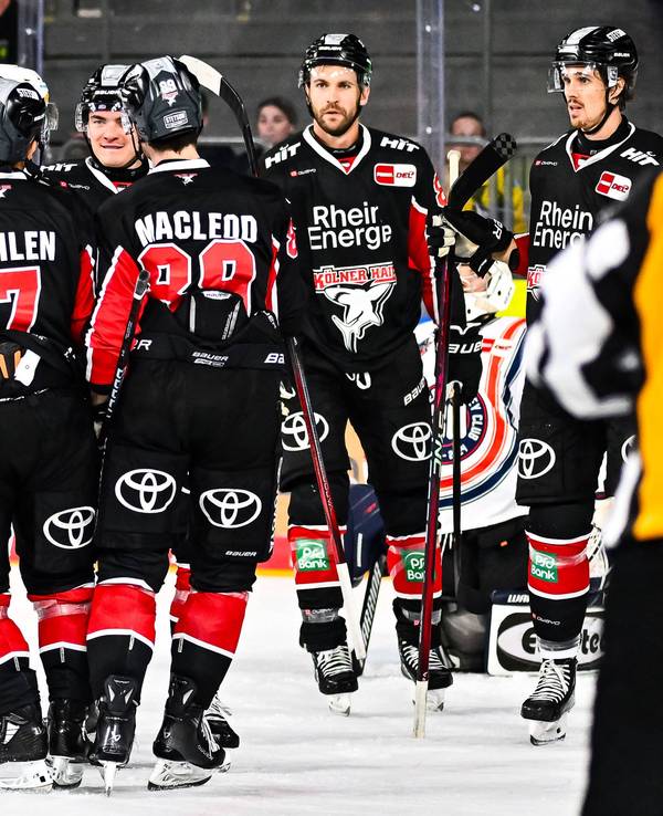 Die Kölner Haie jubeln über einen Treffer.
