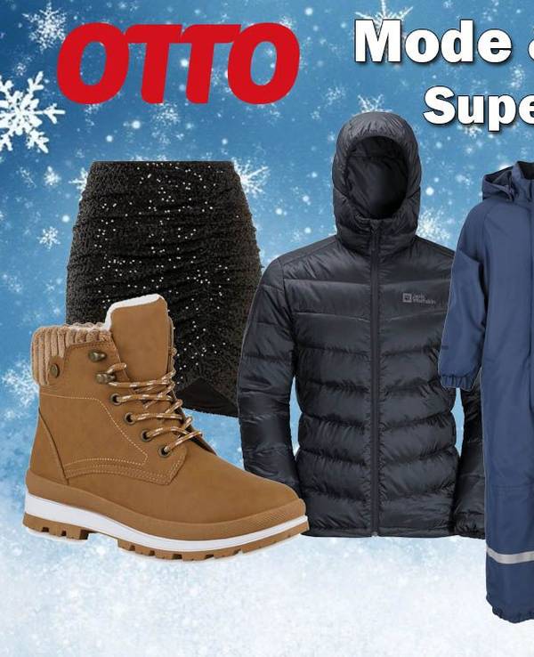 Produktbilder von Winterjacken, Mäntel, Latzhose für Kinder, Rock und Stiefel vor einem frostigen Hintergrund.