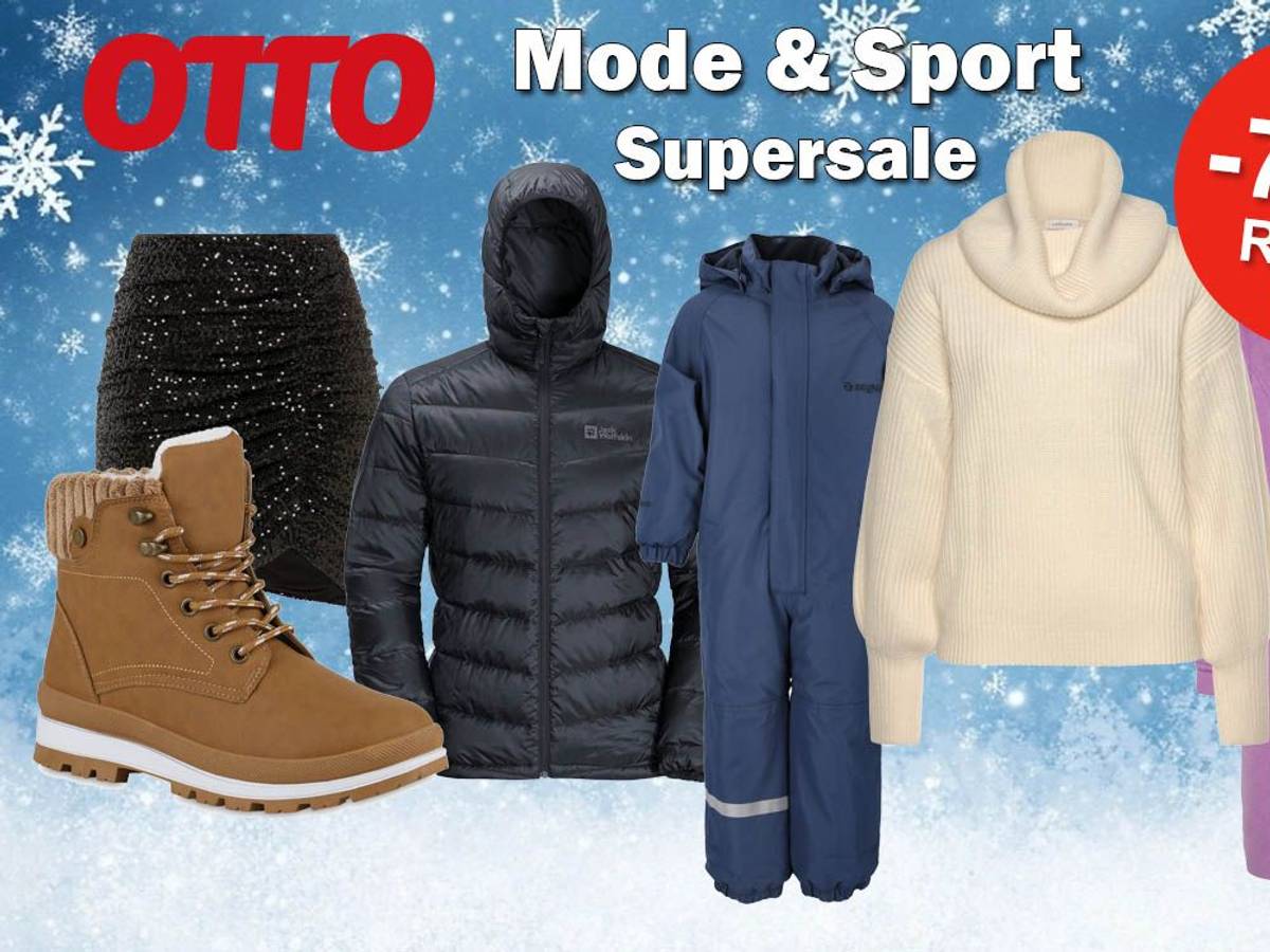 Produktbilder von Winterjacken, Mäntel, Latzhose für Kinder, Rock und Stiefel vor einem frostigen Hintergrund.