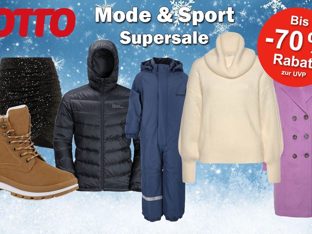 Produktbilder von Winterjacken, Mäntel, Latzhose für Kinder, Rock und Stiefel vor einem frostigen Hintergrund.