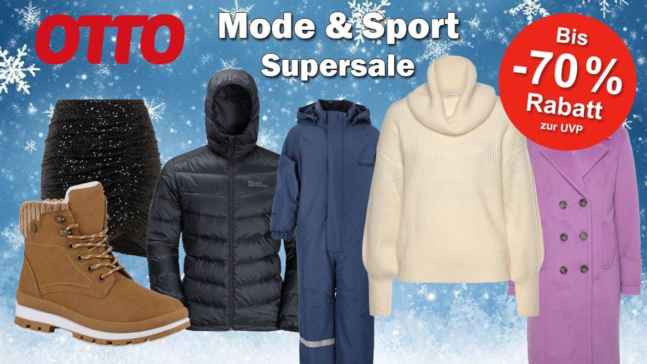 Produktbilder von Winterjacken, Mäntel, Latzhose für Kinder, Rock und Stiefel vor einem frostigen Hintergrund.
