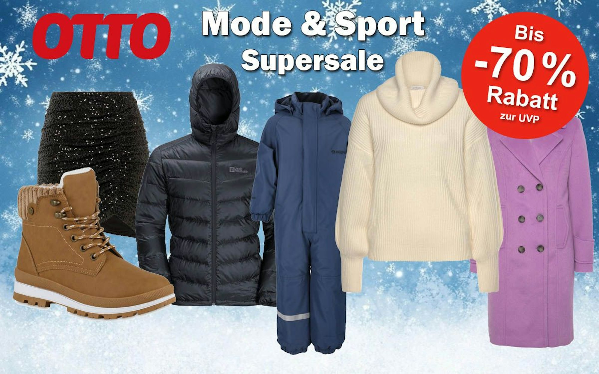 Produktbilder von Winterjacken, Mäntel, Latzhose für Kinder, Rock und Stiefel vor einem frostigen Hintergrund.