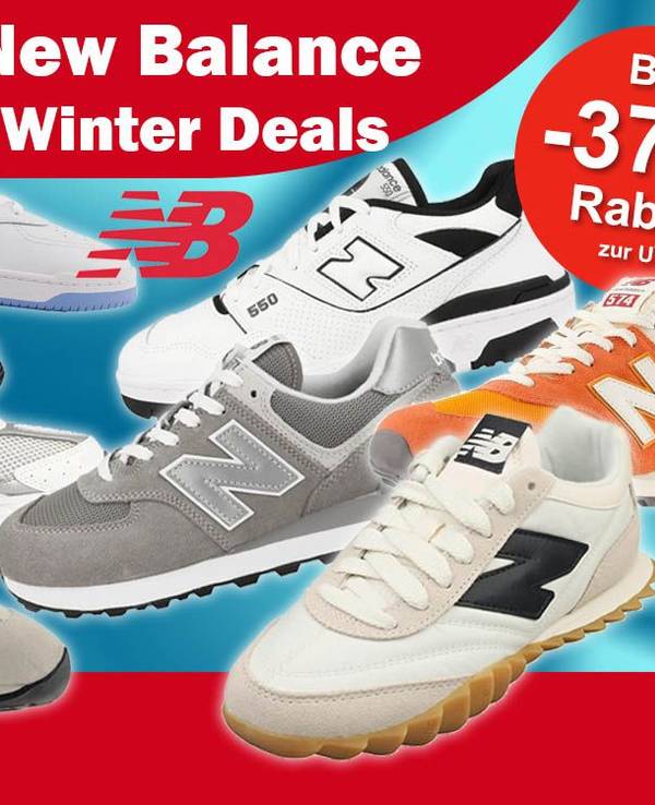 New Balance Sneaker in verschiedenen Ausführungen, Modellen und Designs vor einem blauen Hintergrund, dazu New Balance und Amazon Logo.