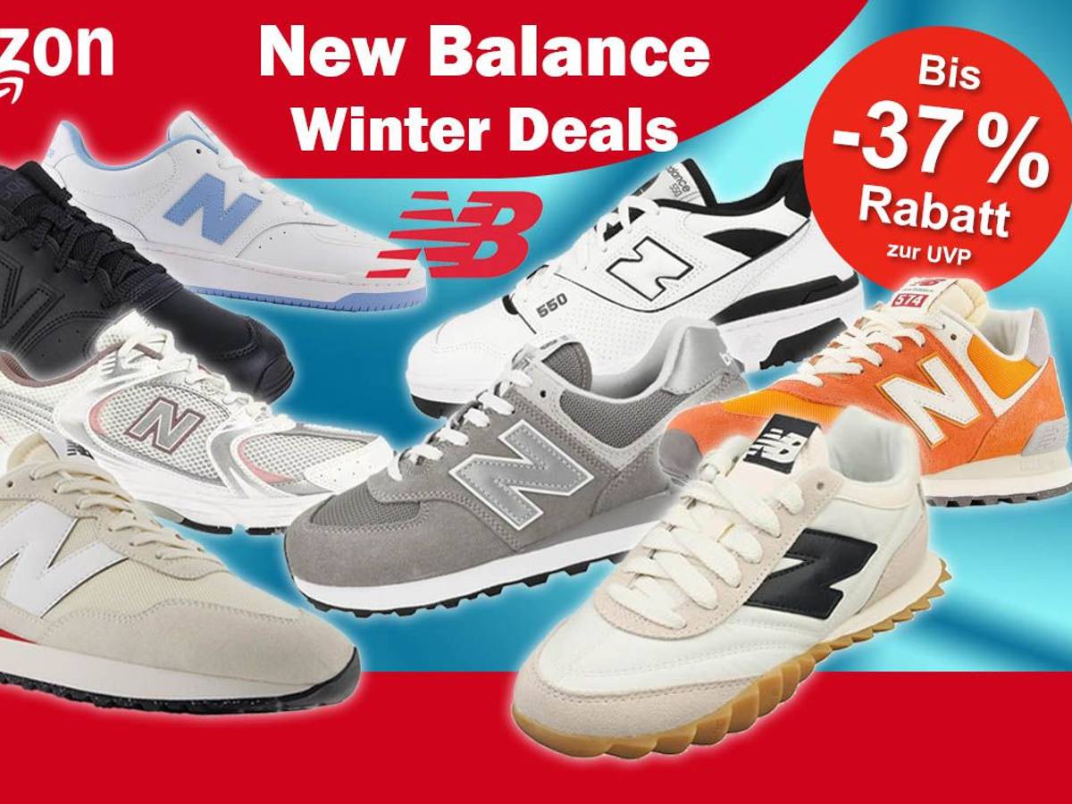 New Balance Sneaker in verschiedenen Ausführungen, Modellen und Designs vor einem blauen Hintergrund, dazu New Balance und Amazon Logo.