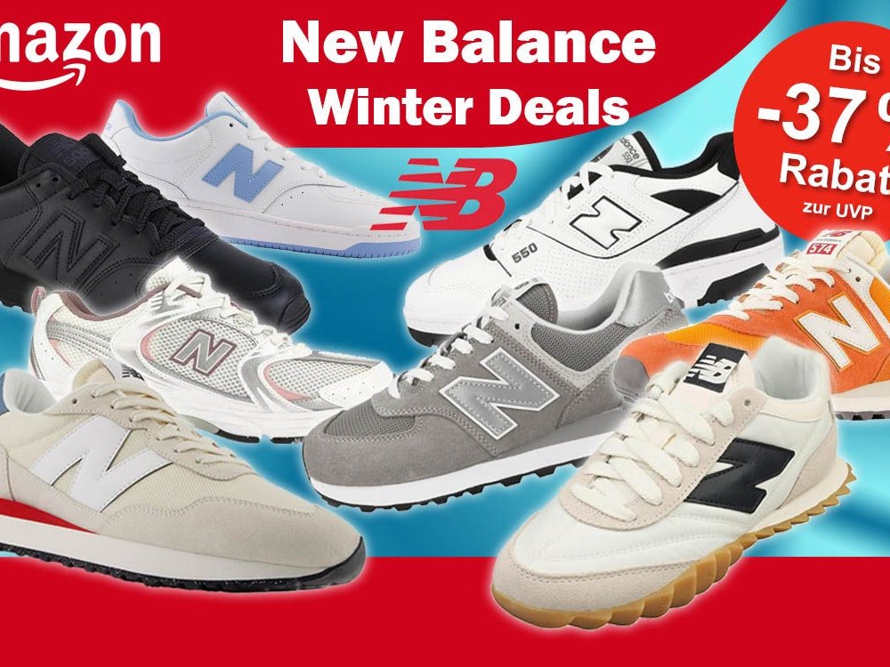 New Balance Sneaker in verschiedenen Ausführungen, Modellen und Designs vor einem blauen Hintergrund, dazu New Balance und Amazon Logo.