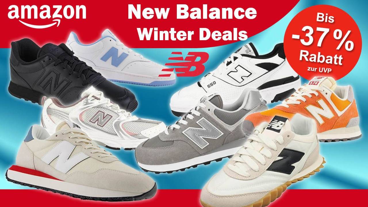 New Balance Sneaker in verschiedenen Ausführungen, Modellen und Designs vor einem blauen Hintergrund, dazu New Balance und Amazon Logo.