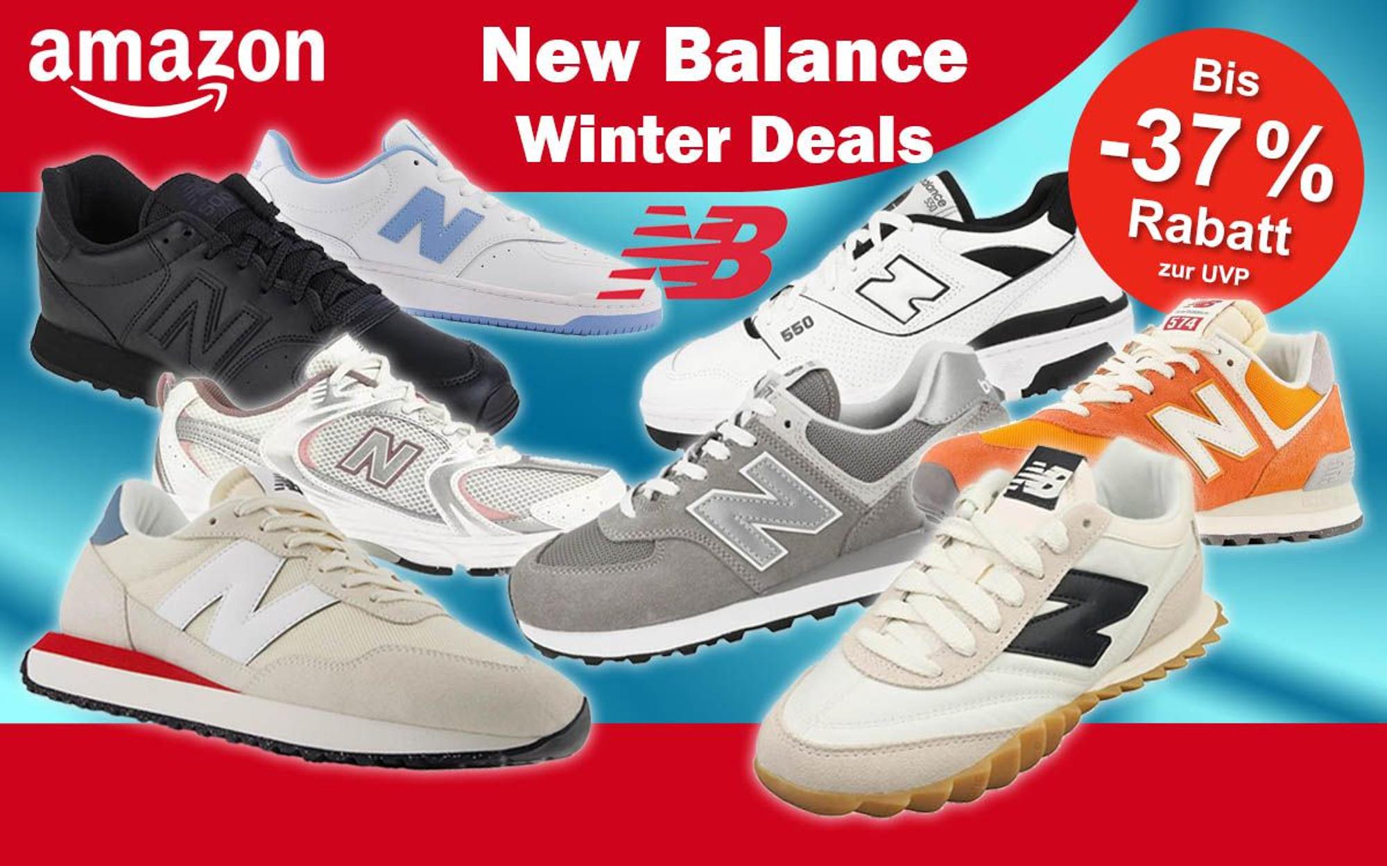 New Balance Sneaker in verschiedenen Ausführungen, Modellen und Designs vor einem blauen Hintergrund, dazu New Balance und Amazon Logo.