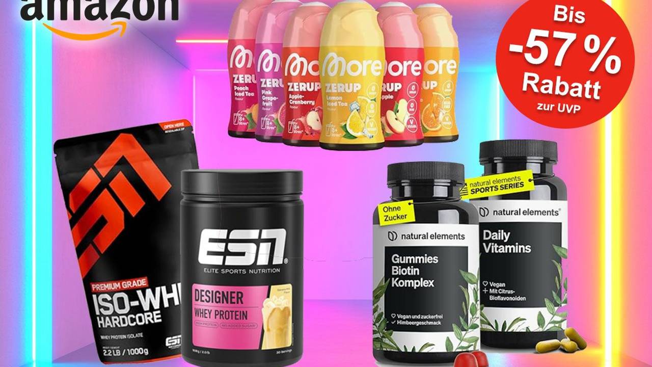 Sportnahrung-Produkte wie Vitamine und Proteinpulver vor einem neonfarbenen Hintergrund.