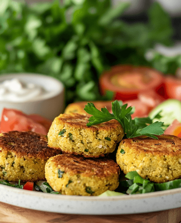Ein Teller gefüllt mit goldbraunen Falafel-Bällen, Sour-Cream und Salat.