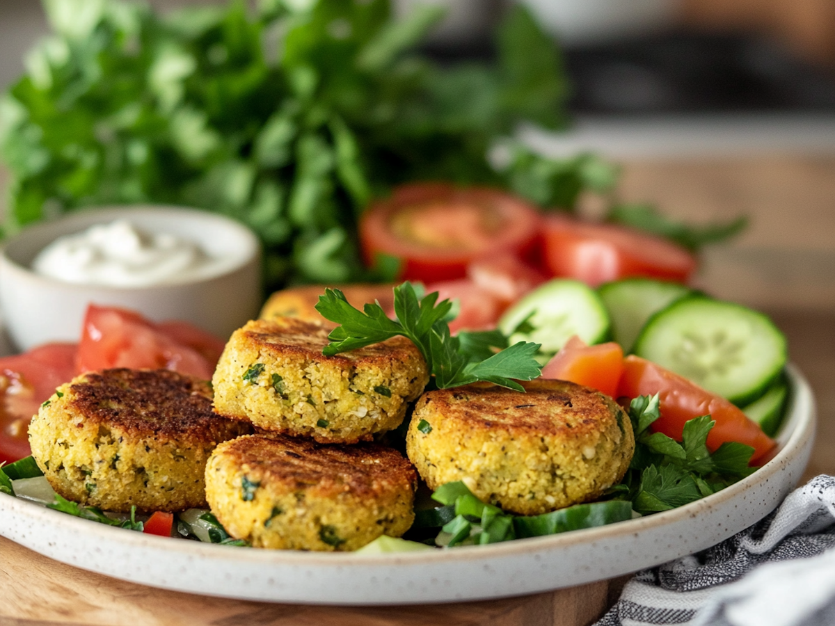 Ein Teller gefüllt mit goldbraunen Falafel-Bällen, Sour-Cream und Salat.
