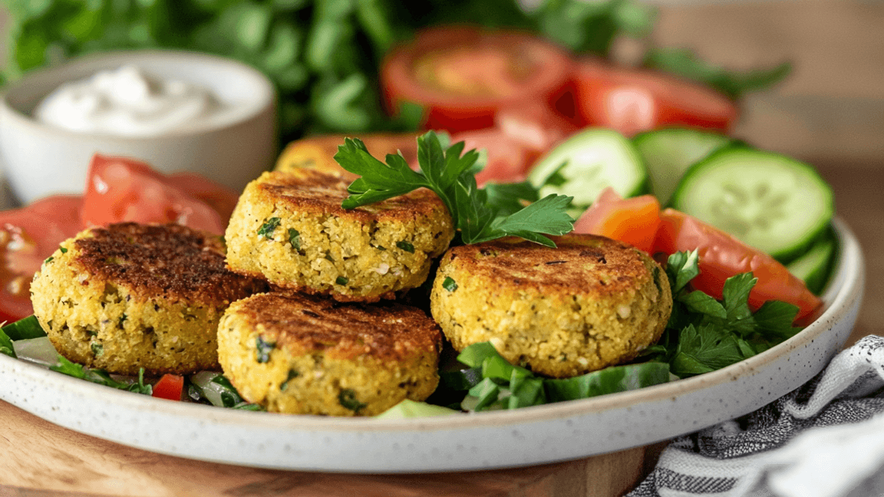 Ein Teller gefüllt mit goldbraunen Falafel-Bällen, Sour-Cream und Salat.