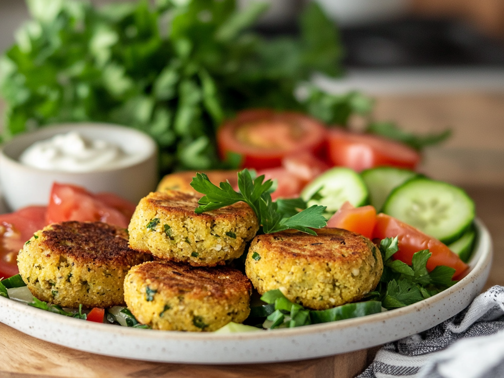 Ein Teller gefüllt mit goldbraunen Falafel-Bällen, Sour-Cream und Salat.