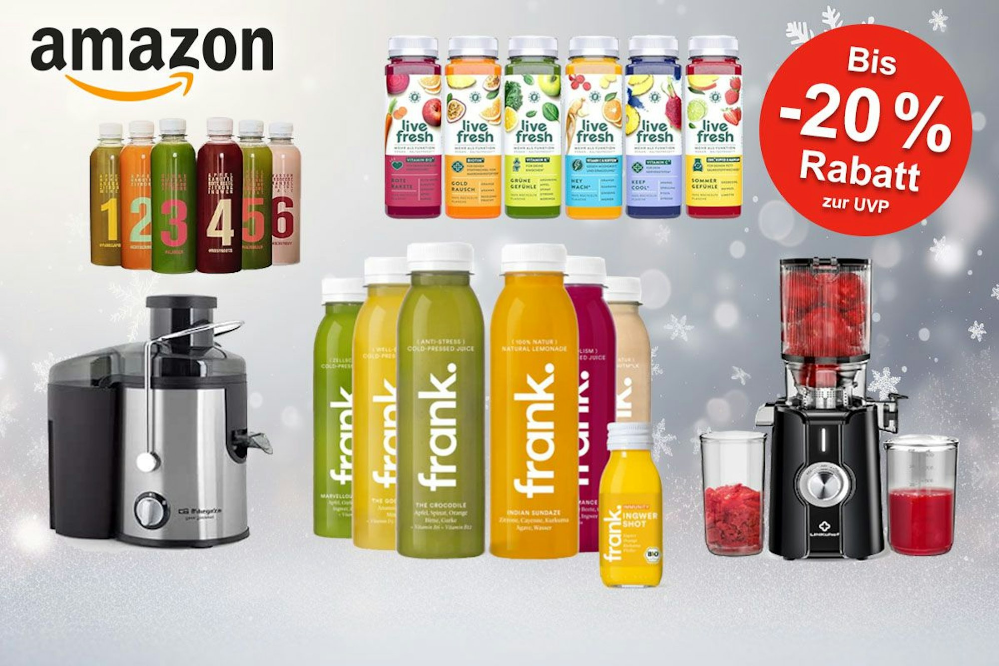 Entsafter-Maschinen und Saftkur-Sets vor einem winterlichen Hintergrund.