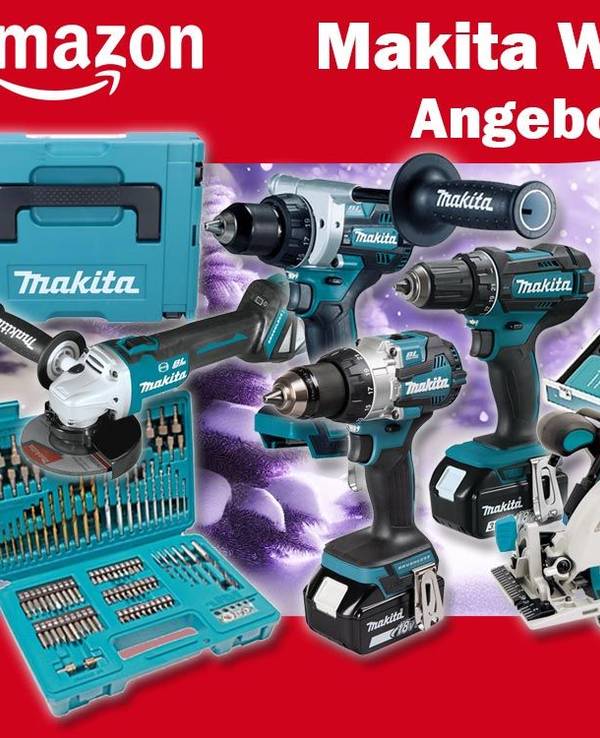 Makita Werkzeuge Schraubendreher über Kreissäge bis Akkuschrauber vor einem Hintergrund mit einem lila eingefärbten Winterwald.