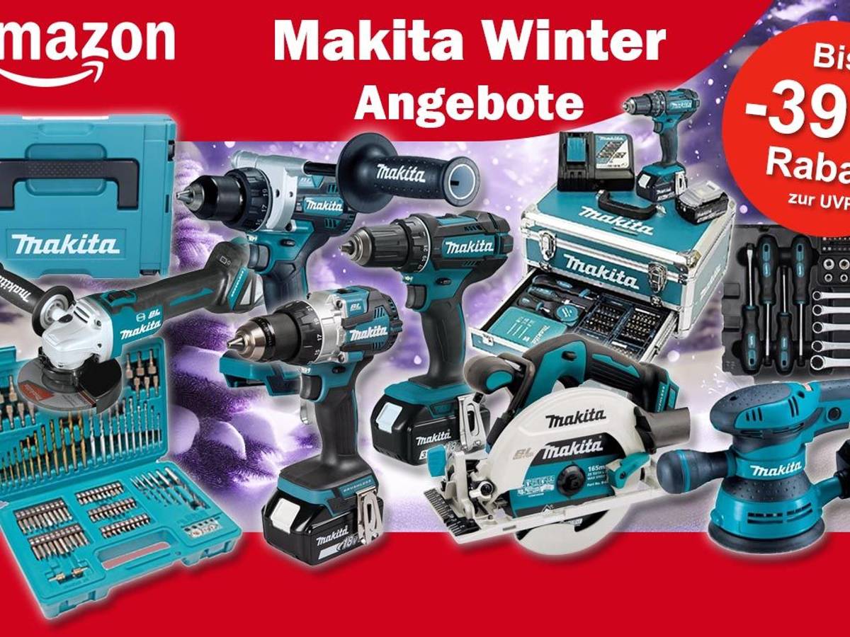 Makita Werkzeuge Schraubendreher über Kreissäge bis Akkuschrauber vor einem Hintergrund mit einem lila eingefärbten Winterwald.