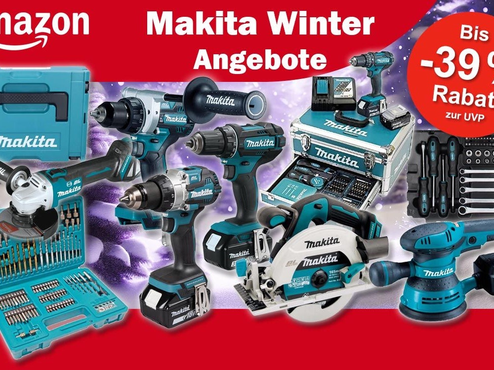 Makita Werkzeuge Schraubendreher über Kreissäge bis Akkuschrauber vor einem Hintergrund mit einem lila eingefärbten Winterwald.