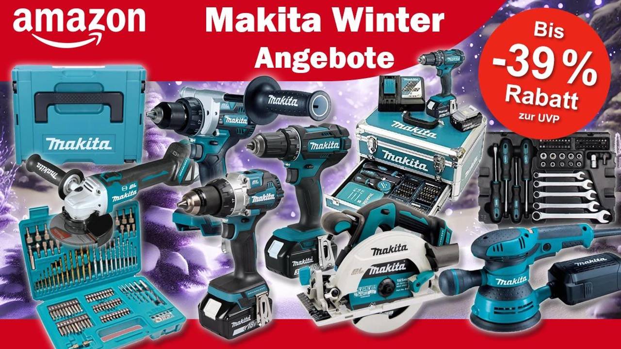 Makita Werkzeuge Schraubendreher über Kreissäge bis Akkuschrauber vor einem Hintergrund mit einem lila eingefärbten Winterwald.