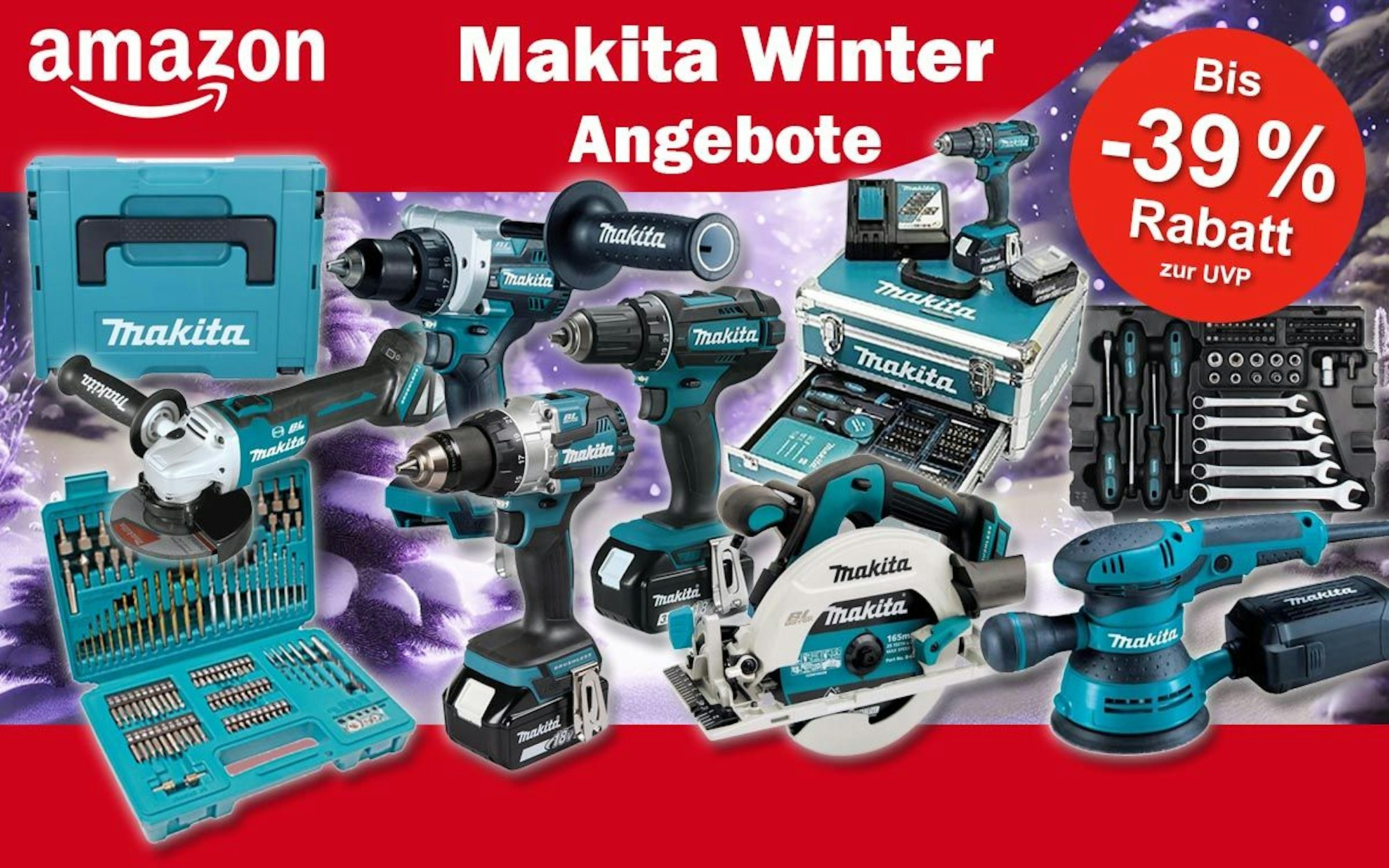 Makita Werkzeuge Schraubendreher über Kreissäge bis Akkuschrauber vor einem Hintergrund mit einem lila eingefärbten Winterwald.