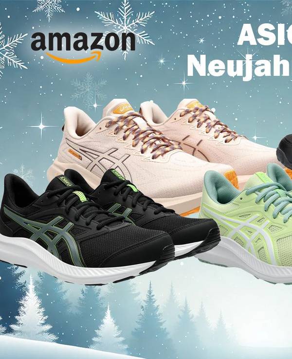 Produktbilder von verschiedenen ASICS Modellen vor einem winterlichen Hintergrund mit Schneeflocken und verschneiten Bäumen