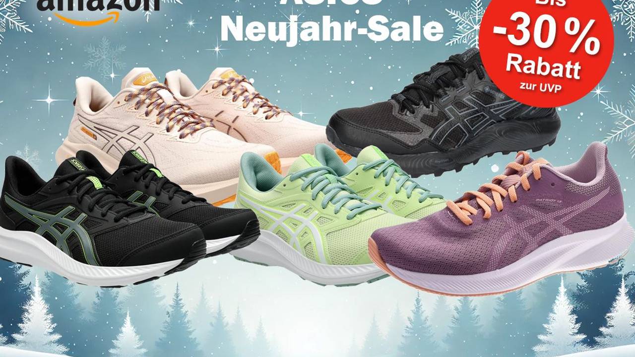 Produktbilder von verschiedenen ASICS Modellen vor einem winterlichen Hintergrund mit Schneeflocken und verschneiten Bäumen