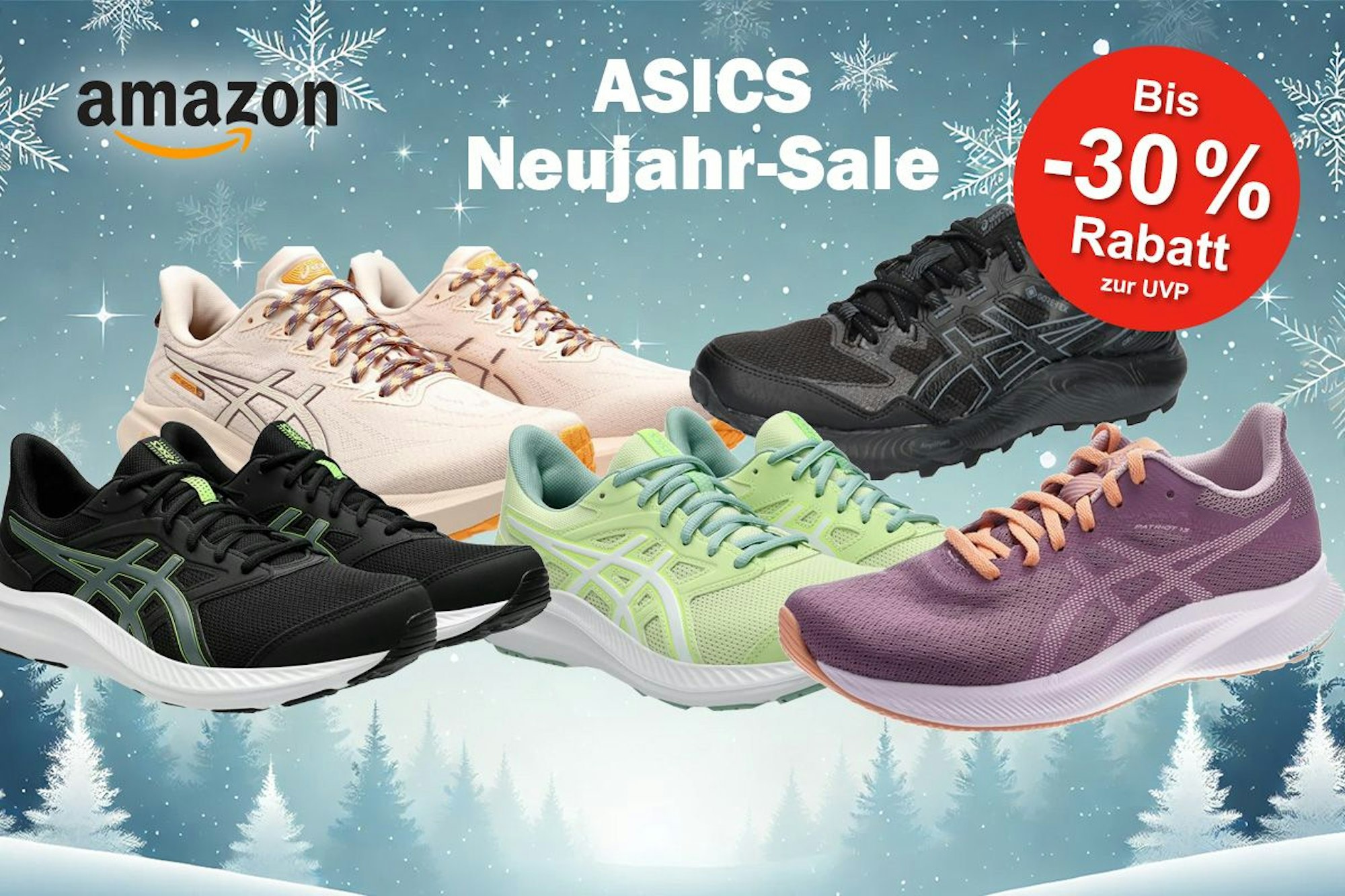 Produktbilder von verschiedenen ASICS Modellen vor einem winterlichen Hintergrund mit Schneeflocken und verschneiten Bäumen